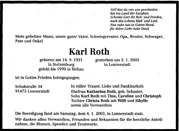 Roth Karl 1931-2003 Todesanzeige